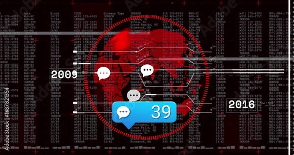 Fototapeta Highlighting blue digital speech bubble displaying 39 on high-tech data dashboard, with world map