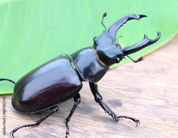 Obraz Black beetle on a green leaf
