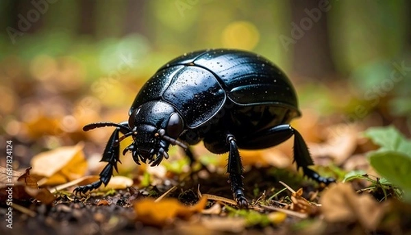 Obraz Black beetle on forest floor