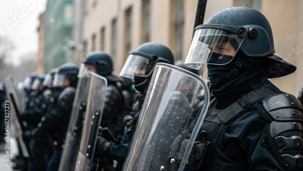 Fototapeta Close Up of Riot Police Forming Blockade with Shields and Helmets in Urban Street