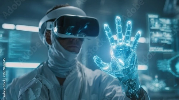 Fototapeta Doctor using VR headset with robotic hand interface in futuristic hospital, medical training concept