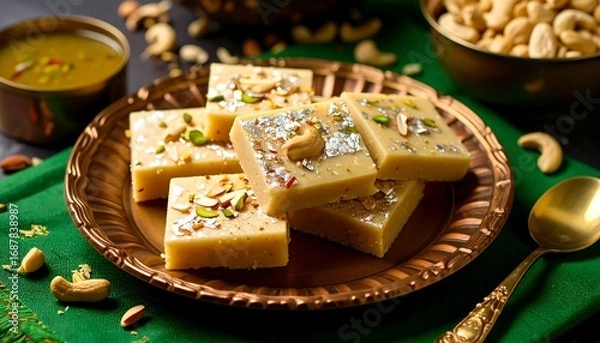 Fototapeta A close-up shot of an assortment of Indian sweets, arranged on a decorative plate. 