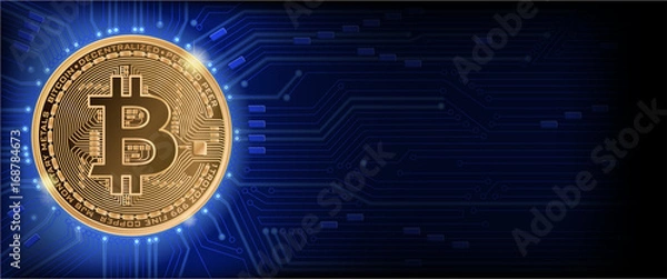 Fototapeta Horizontal web banner  with golden bitcoin and dark blue background with microchip and place for your text. Stock vector illustration.