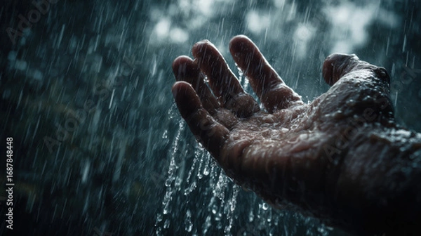 Fototapeta Hand reaching out under heavy rain, droplets cascading down, creating serene and refreshing atmosphere. image captures beauty of nature and feeling of connection with elements