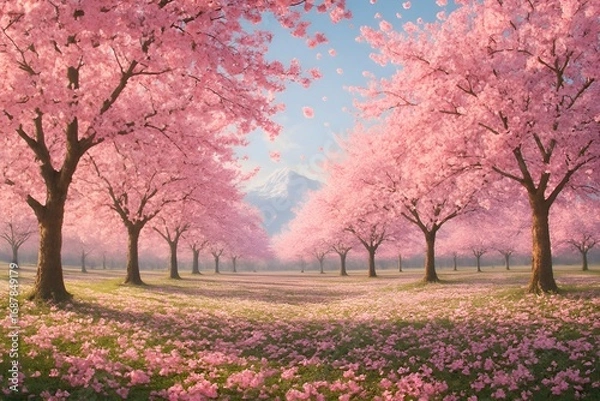 Fototapeta Scenic spring orchard of cherry blossom trees with pink petals, snow-capped mountain in background, serene nature landscape