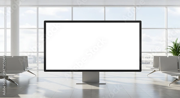 Fototapeta Blank billboard in airport lounge with seating and large windows providing natural light and plant