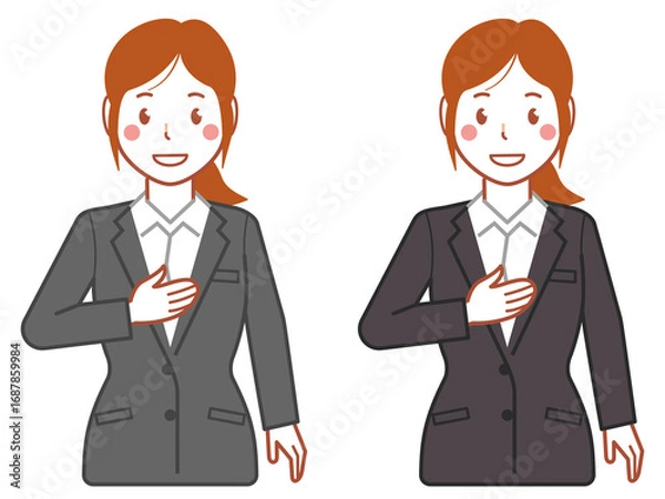 Fototapeta グレースーツ、ポニーテールの胸に手を当てる若い女性