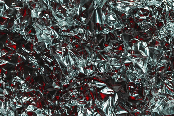 Fototapeta Shiny crumpled foil with silver and red reflections creating a metallic abstract design. Futuristic texture with chrome surface and cyberpunk background style