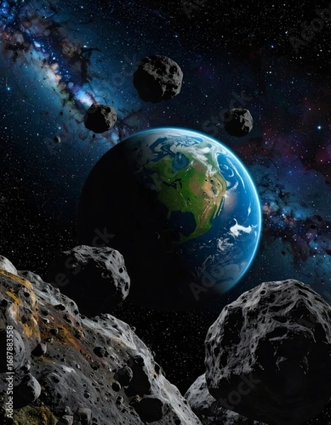 Fototapeta Earth surrounded by asteroids in space