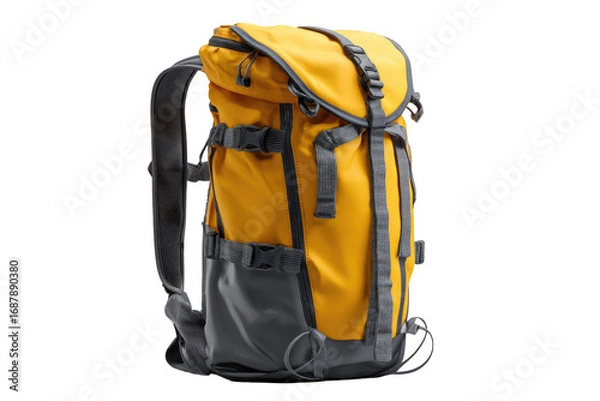 Obraz Bright yellow backpack with gray accents.  Features adjustable straps, multiple compartments, and robust construction