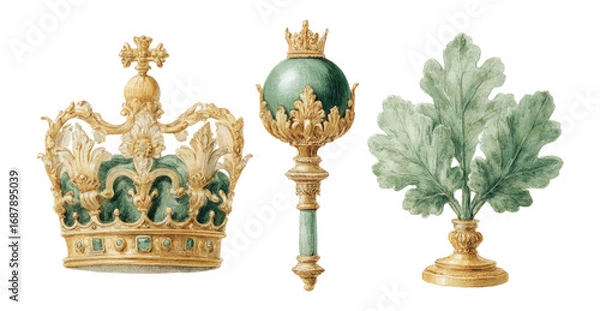 Fototapeta Elegant Crown, Scepter, and Leaf Illustrations on Transparent Background