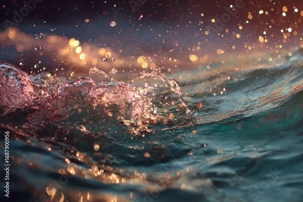 Obraz Water splashing in vibrant colors during sunset, creating beautiful reflections and sparkles on the surface