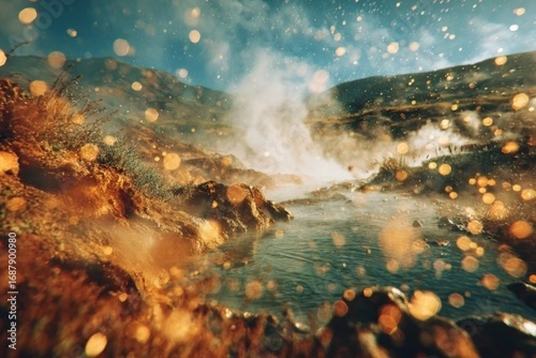 Obraz Serene geothermal springs with steam rising in a mountainous landscape during a sunny day