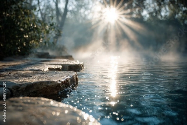 Obraz Serene morning at a natural hot spring with sunlight reflecting on the water and steam rising through the trees