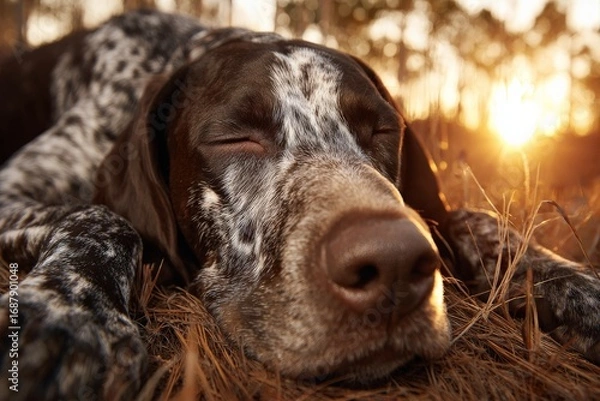 Obraz Sleeping dog rests peacefully in golden sunlight surrounded by nature during sunset