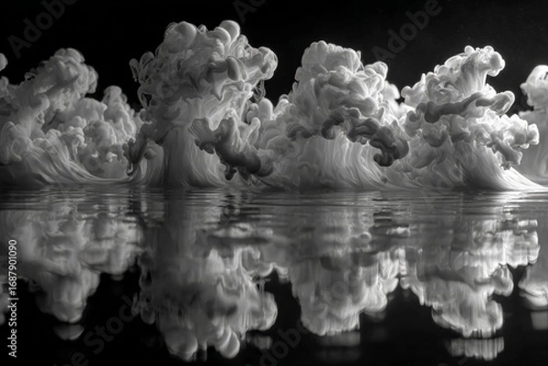 Obraz Swirling white clouds reflected in calm water at twilight creating a mesmerizing natural pattern