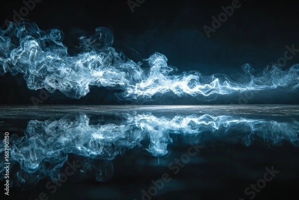 Obraz Mysterious blue smoke swirling and reflecting on a dark surface