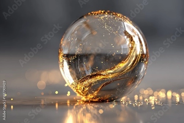 Obraz Translucent sphere with swirling gold particles creates a mesmerizing visual effect in a reflective setting