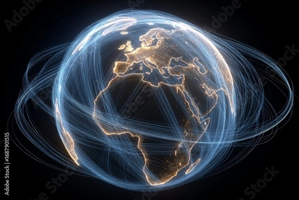 Obraz Representation of global connections with illuminated lines surrounding Earth