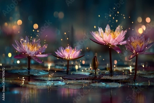 Obraz Enchanting water lilies bloom under soft lights at twilight, creating a serene and magical atmosphere on the pond