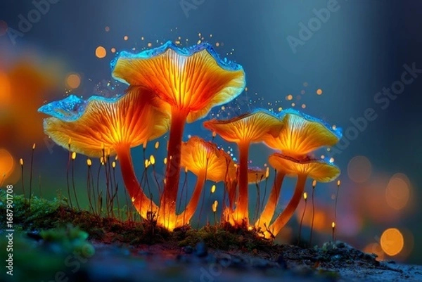 Obraz Glowing mushrooms illuminate a forest floor in twilight hours creating a mystical atmosphere
