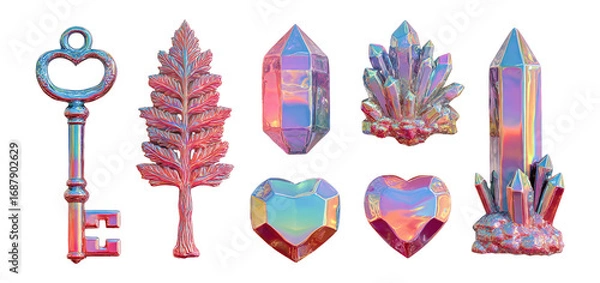 Fototapeta Colorful Crystal and Key Decorative Elements on Transparent Background
