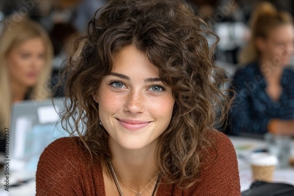 Obraz Young woman with curly hair smiles warmly at the camera in a bustling cafe during a sunny daytime gathering