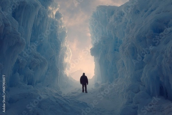 Obraz Person walking through a narrow icy passage in a frozen landscape during twilight hours