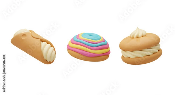 Fototapeta 3d Cute Cartoon Pastries Set Cannoli Donut Cream Puff Isolated Transparent Background