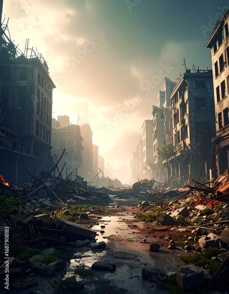 Obraz Desolate city street after a catastrophe