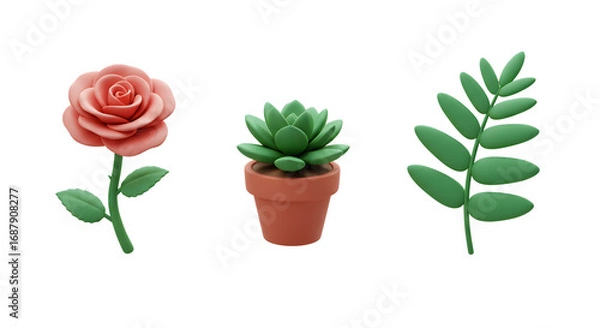 Fototapeta 3d Cute Cartoon Plants Set Rose Succulent Leaf Isolated Transparent Background