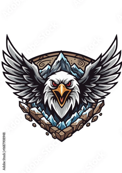 Obraz Mighty Eagle Mascot with Spread Wings and Mountain Background