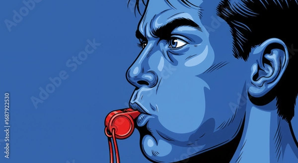 Fototapeta A determined corruption whistleblower with a focused expression blows a red whistle, a striking pop art illustration symbolizing speaking out against injustice.