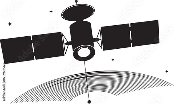 Obraz Satellite Orbiting Earth with Communication Waves and Stars in Space Black and White Vector