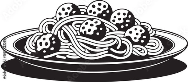 Obraz Spaghetti with Meatballs on a Plate Black and White Vector Illustration Delicious Meal