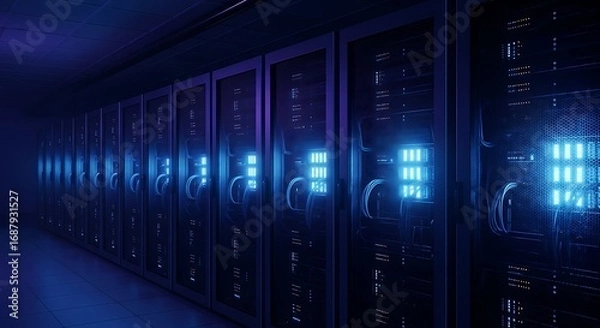 Fototapeta Modern Data Center with Server Racks and Glowing Blue Network Infrastructure