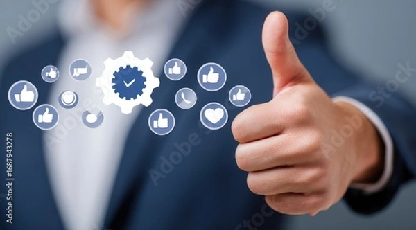 Obraz A hand gives a thumbs-up with blue cogwheels and various like/heart icons floating around it on a light grey background