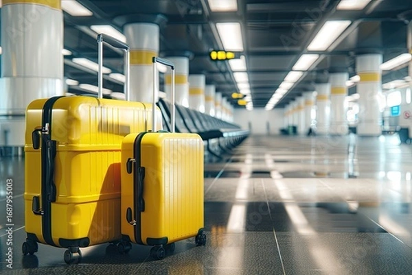 Fototapeta High Quality Picture of Yellow Suitcases in the Airport Travel Concept 3D Rendering