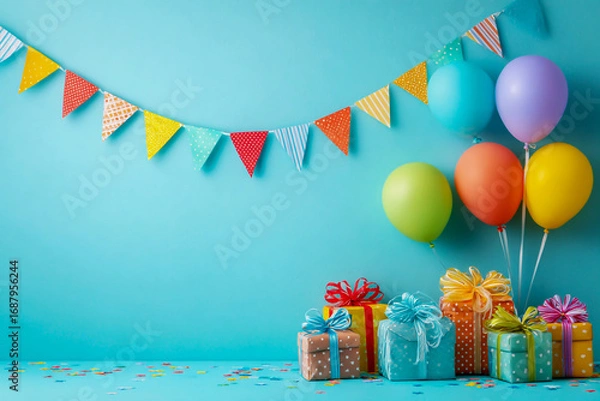 Fototapeta Colorful birthday background with balloons, gifts, and bunting on a light blue backdrop for party decoration or photobooth.