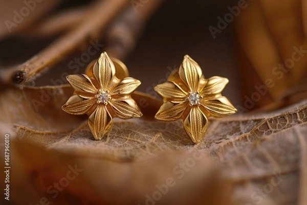 Fototapeta Sharp Image of Two Gold Earrings with a Diamond Shaped Flower on the Top