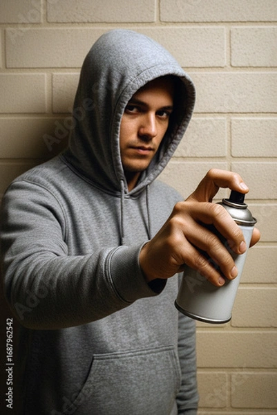 Fototapeta Man in hoodie holding spray can with intense expression