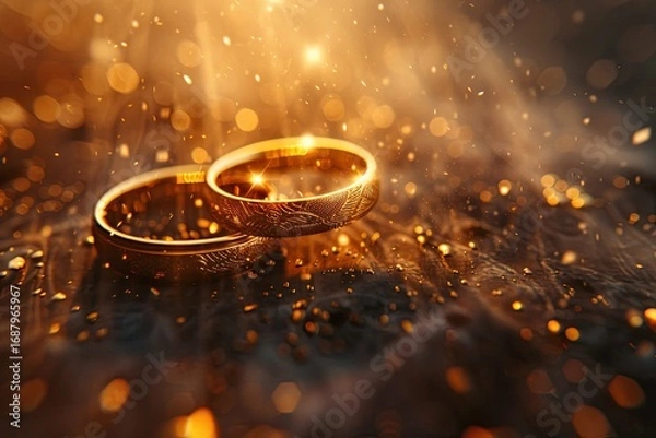 Fototapeta Detailed Color Image of Two Golden Wedding Rings Lie in the Ray of Light