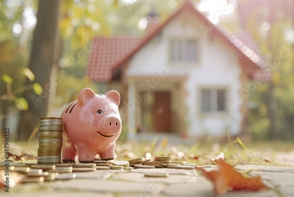 Fototapeta Detailed Color Picture of Stack of Increasing Coins and Piggybank in Front of House Model