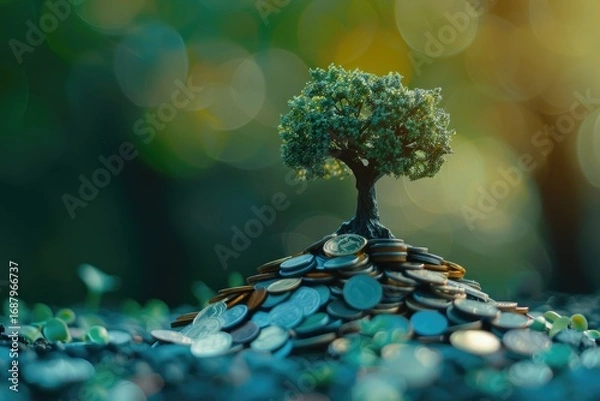 Fototapeta High Resolution Image of the Pile of Coins Grows with the Tree of Business Growth Ideas