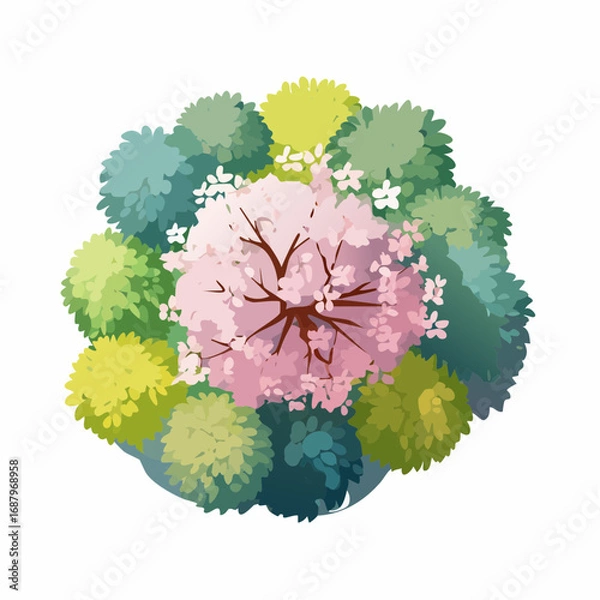 Fototapeta Vector watercolor of blooming tree top view isolated on white background for landscape plan and architecture drawing, elements for environment and garden,botanical elements ,blooming autu