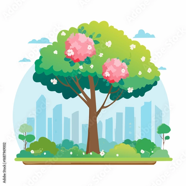 Fototapeta Vector watercolor blooming flower tree or forest side view isolated on white background for landscape and architecture drawing,elements for environment or and garden,botanical for section in .