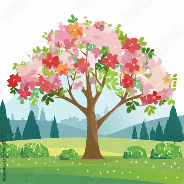 Fototapeta Vector watercolor blooming flower tree or forest side view isolated on white background for landscape and architecture drawing,elements for environment or and garden,botanical for section in .