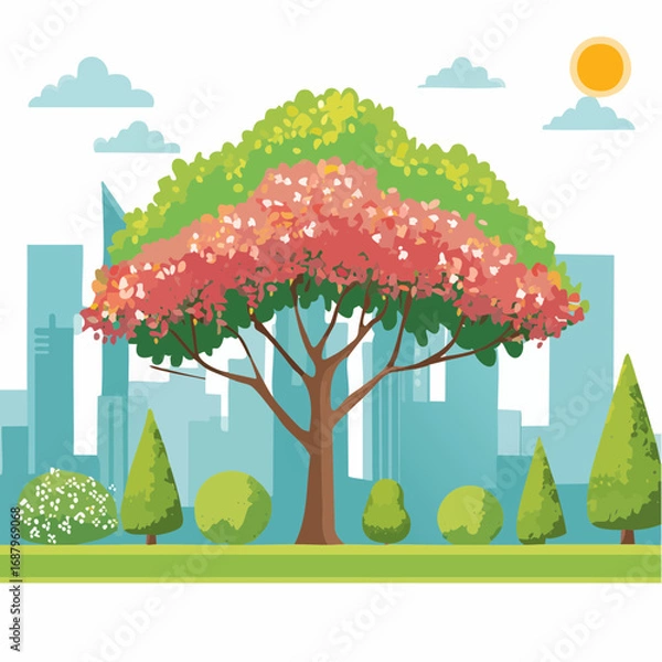Fototapeta Vector watercolor blooming flower tree or forest side view isolated on white background for landscape and architecture drawing,elements for environment or and garden,botanical for section in .