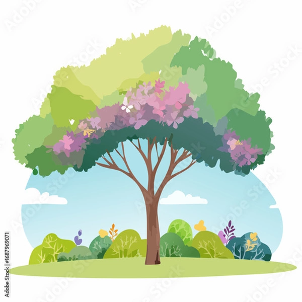 Fototapeta Vector watercolor blooming flower tree or forest side view isolated on white background for landscape and architecture drawing,elements for environment or and garden,botanical for section in .