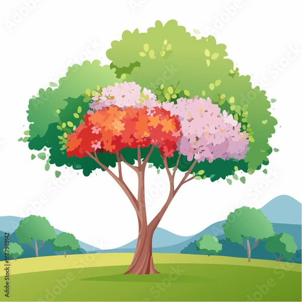 Fototapeta Vector watercolor blooming flower tree or forest side view isolated on white background for landscape and architecture drawing,elements for environment or and garden,botanical for section in .